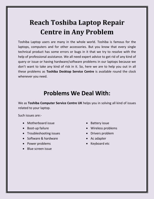 Reach Toshiba Laptop Repair Centre in Any Problem