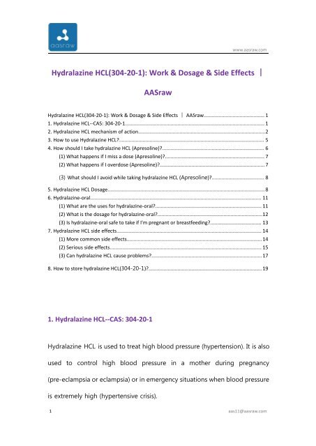 Hydralazine HCL(304-20-1): Work & Dosage & Side Effects | AASraw