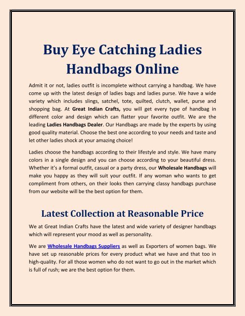 Buy Eye Catching Ladies Handbags Online