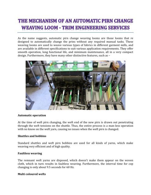 The Mechanism Of An Automatic Pirn Change Weaving Loom