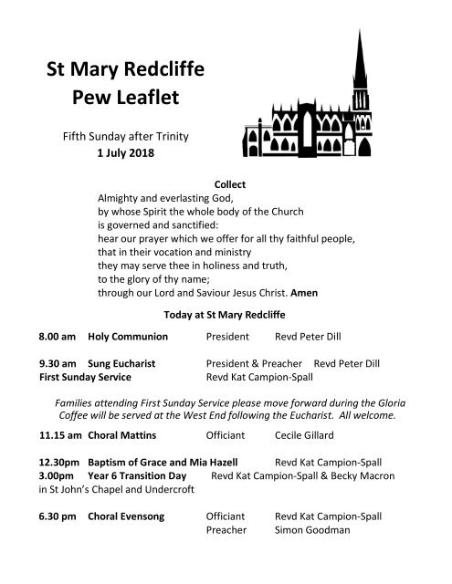 St Mary Redcliffe Church Pew Leaflet - July 1 2018