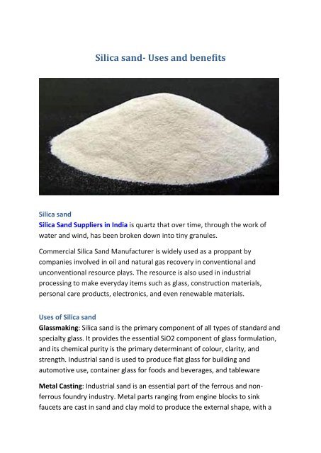 Silica sand- Uses and benefits