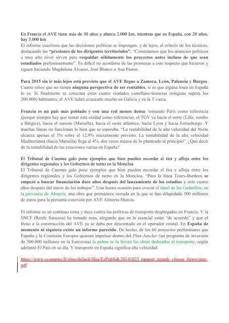 Dossier de Informes económicos y técnicos que desaconsejan el modelo ferroviario AVE español