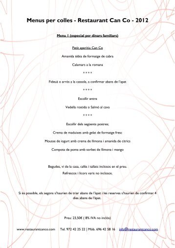 Menus per colles - Restaurant Can Co - 2012