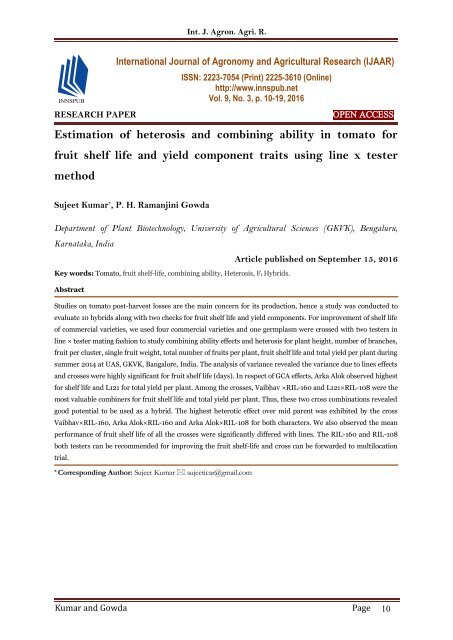 Estimation of heterosis and combining ability in tomato for fruit shelf ...