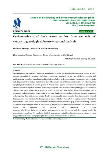 Cyclomorphosis of fresh water rotifers from wetlands of contrasting ecological feature – seasonal analysis