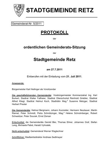 GR-Sitzungsprotokoll 2011-05 (84 KB) - .PDF - Stadtgemeinde Retz