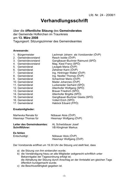 Verhandlungsschrift - Gemeinde Hofkirchen im Traunkreis