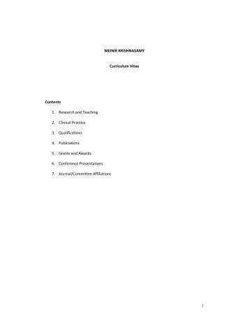 MEINIR KRISHNASAMY Curriculum Vitae Contents 1. Research and