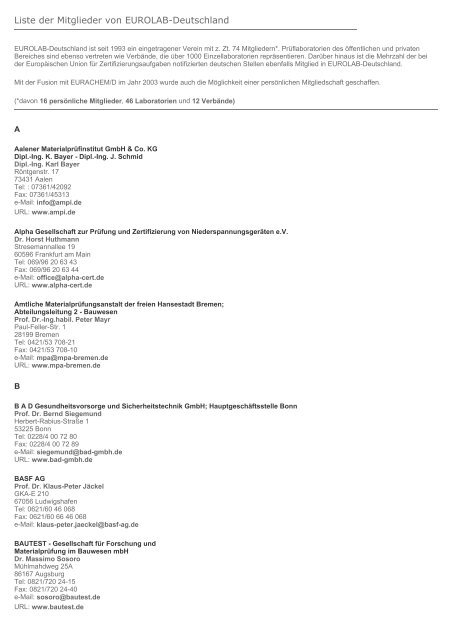 Liste der Mitglieder von EUROLAB-Deutschland