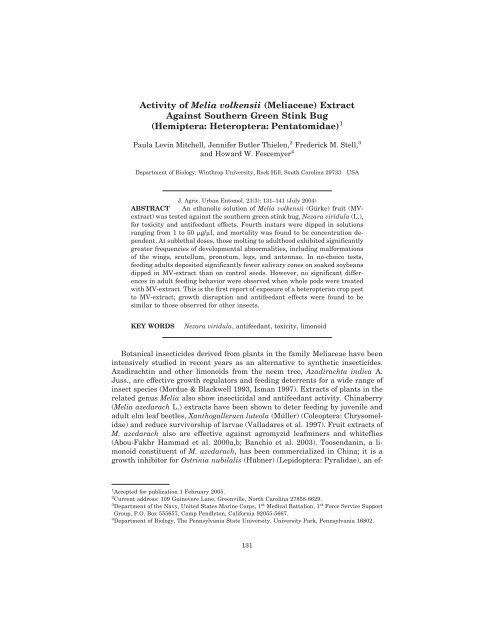 Activity of Melia volkensii (Meliaceae) Extract Against Southern ...