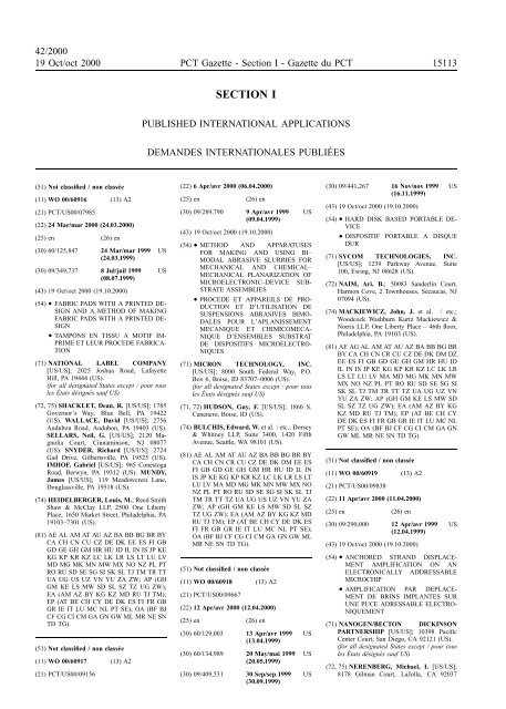 PCT/2000/42 : PCT Gazette, Weekly Issue No. 42, 2000 - WIPO