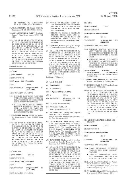 PCT/2000/42 : PCT Gazette, Weekly Issue No. 42, 2000 - WIPO