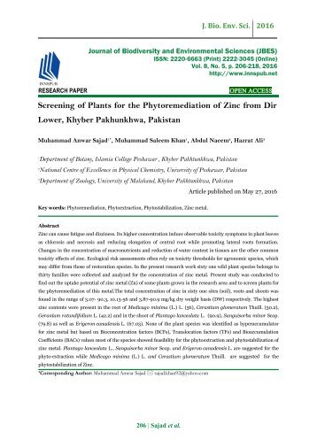 Screening of Plants for the Phytoremediation of Zinc from Dir Lower, Khyber Pakhunkhwa, Pakistan