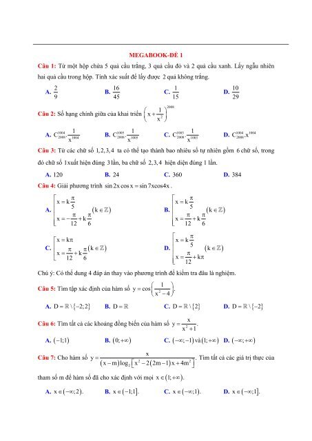 BỘ ĐỀ THI THỬ MEGABOOK MÔN TOÁN NĂM 2018 (14 ĐỀ+LỜI GIẢI CHI TIẾT)
