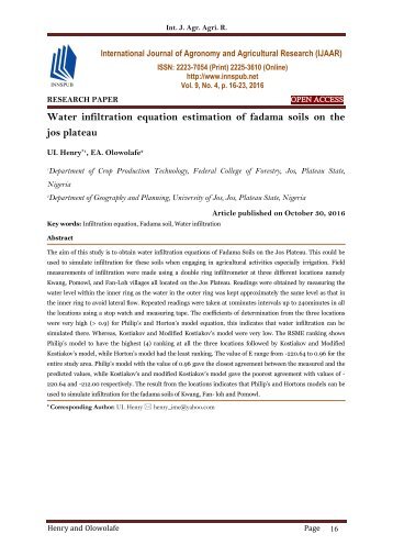 Water infiltration equation estimation of fadama soils on the jos plateau