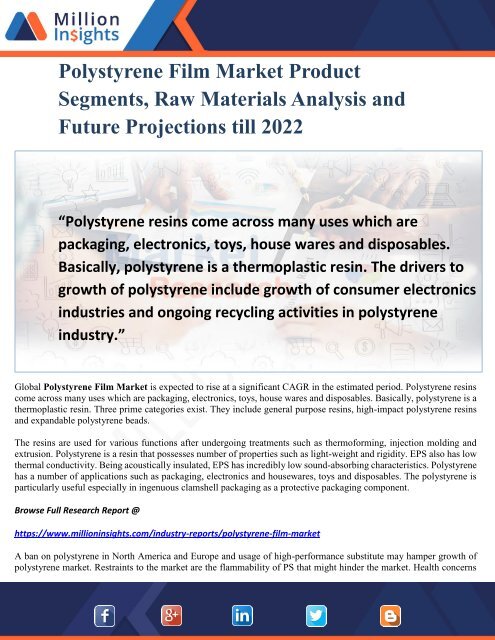 Polystyrene Film Market Product Segments, Raw Materials Analysis and Future Projections till 2022