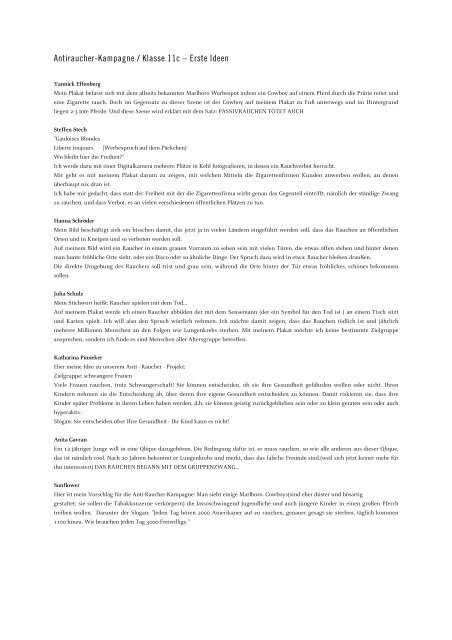 Antiraucher Kampagne Klasse 11c Erste Ideen Einstein