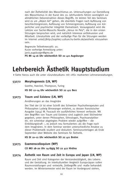 Wichtige Adressen - Seminar fuer Aesthetik - HU Berlin