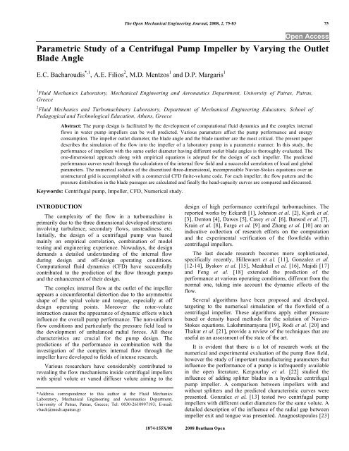 Parametric Study of a Centrifugal Pump Impeller ... - Bentham Science