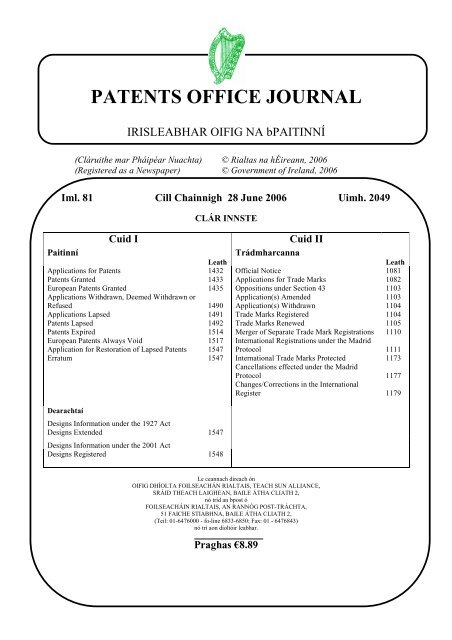 PATENTS OFFICE JOURNAL - Irish Patents Office