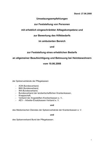 Umsetzungsempfehlungen der Spitzenverbände der Pflegekassen