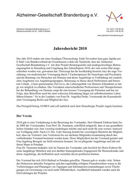 Jahresbericht 2010 - Alzheimer Gesellschaft Brandenburg eV
