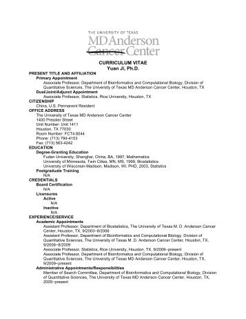 CURRICULUM VITAE Yuan Ji, Ph.D. - MD Anderson Biomathematics