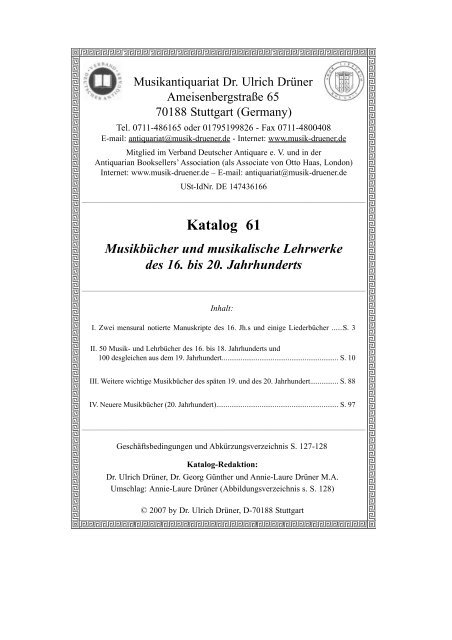 Katalog 61 Musikantiquariat Dr Ulrich Druner Katalog 61 Musikantiquariat Dr Ulrich Druner