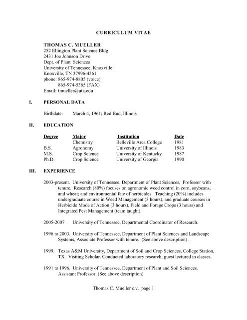 Curriculum Vitae Thomas C. Mueller 252 Ellington Plant 