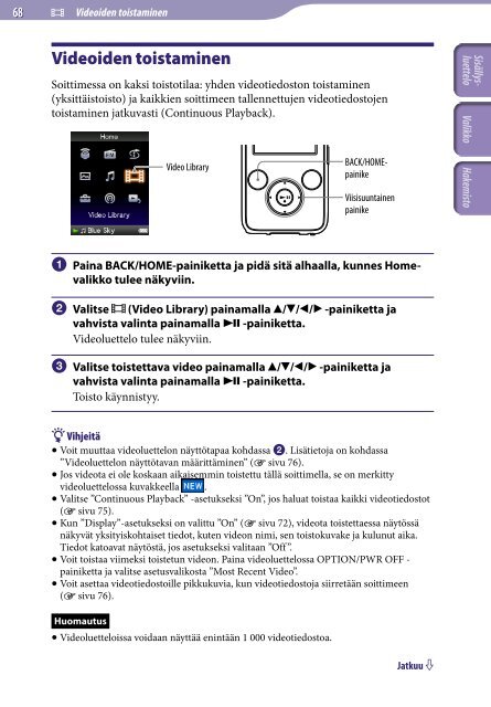 Sony NWZ-S736F - NWZ-S736F Consignes d&rsquo;utilisation Finlandais