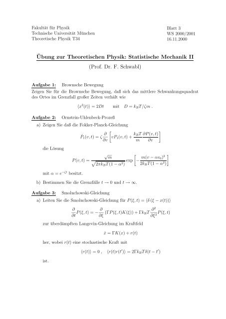 ¨Ubung zur Theoretischen Physik: Statistische Mechanik II ... - TUM