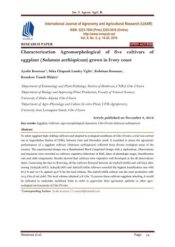 Characterization Agromorphological of five cultivars of eggplant (Solanum aethiopicum) grown in Ivory coast