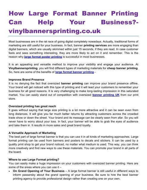 How Large Format Banner Printing Can Help Your Business- vinylbannersprinting.co.uk