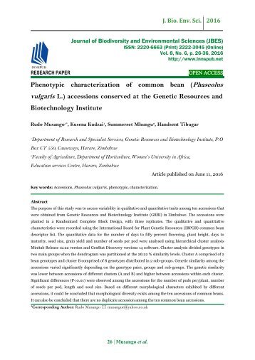 Phenotypic characterization of common bean (Phaseolus vulgaris L.) accessions conserved at the Genetic Resources and Biotechnology Institute