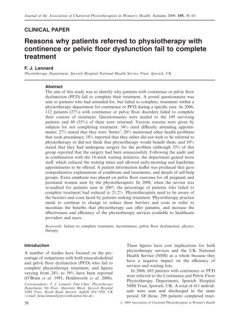 Reasons Why Patients Referred To Physiotherapy With Continence Or