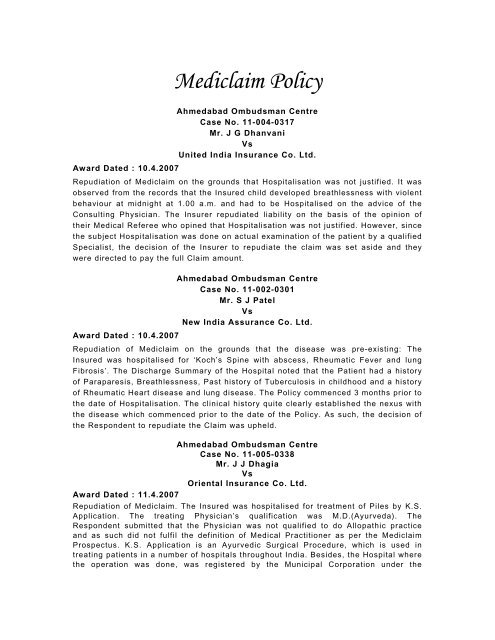 Mediclaim Policy - Insurance Ombudsman