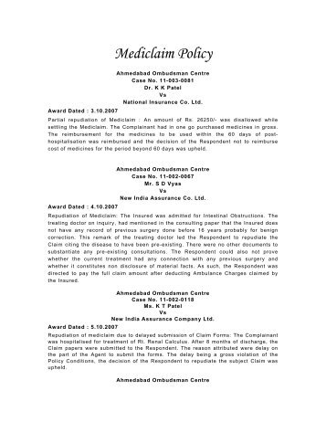 Mediclaim Policy - Insurance Ombudsman