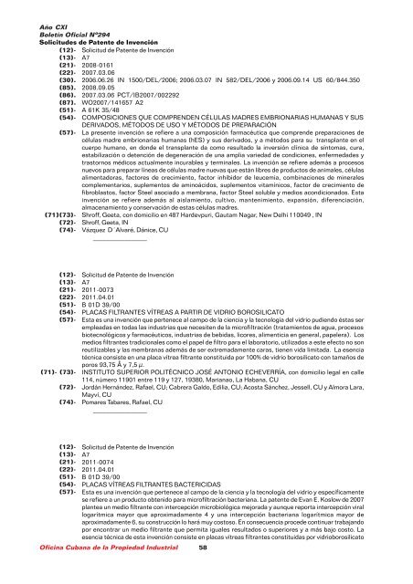 boletin 294 final 1.pmd - Oficina Cubana de la Propiedad Industrial