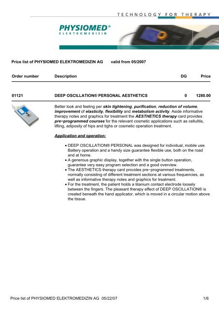 Price list of PHYSIOMED ELEKTROMEDIZIN AG