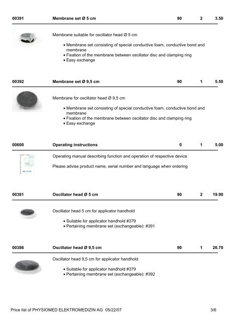 Price list of PHYSIOMED ELEKTROMEDIZIN AG