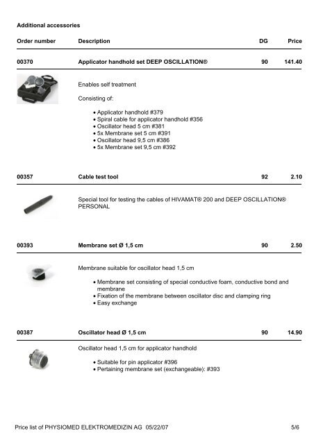 Price list of PHYSIOMED ELEKTROMEDIZIN AG