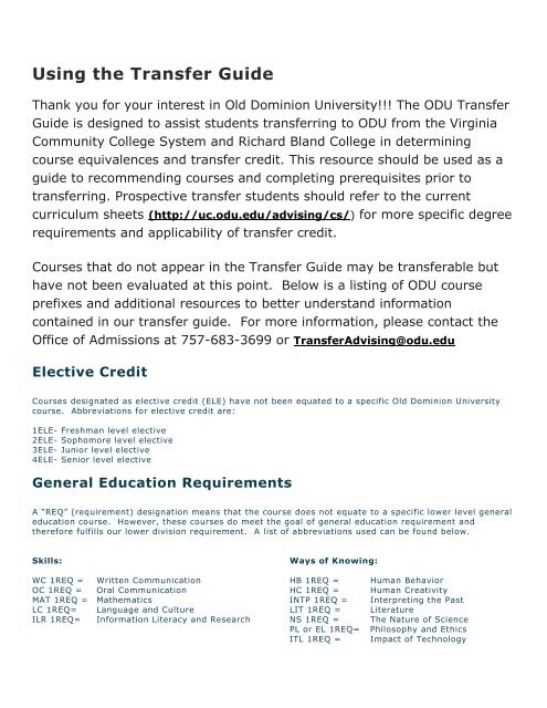 Using the Transfer Guide - Old Dominion University