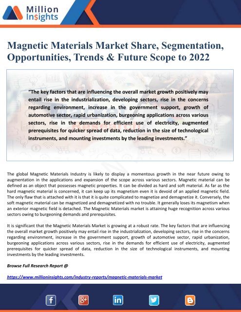 Magnetic Materials Market Share, Segmentation, Opportunities, Trends &amp; Future Scope to 2022