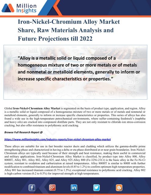 Iron-Nickel-Chromium Alloy Market Share, Raw Materials Analysis and Future Projections till 2022