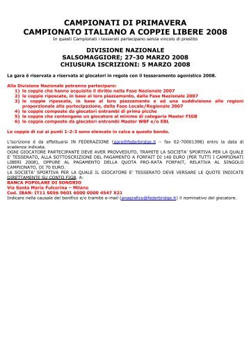 campionati di primavera campionato italiano a coppie libere 2008