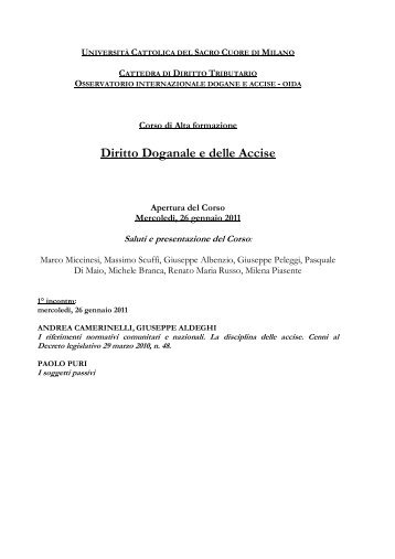 Diritto Doganale e delle Accise - Università Cattolica del Sacro Cuore