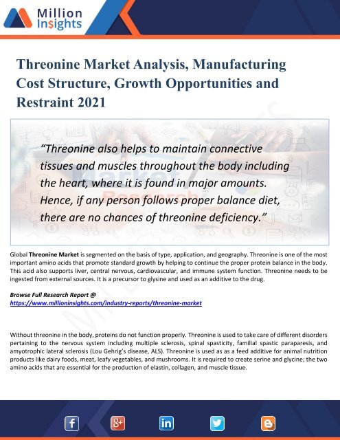 Threonine Market Segmented by Material, Type, Application, and Geography - Growth, Trends and Forecast 2021