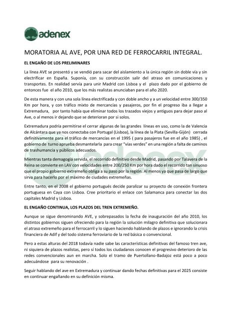 ADENEX se suma a la petición de Moratoria del AVE 