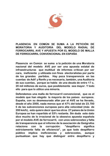 Plasencia en Común se suma a la petición de moratoria  y auditoría del modelo AVE en España. 